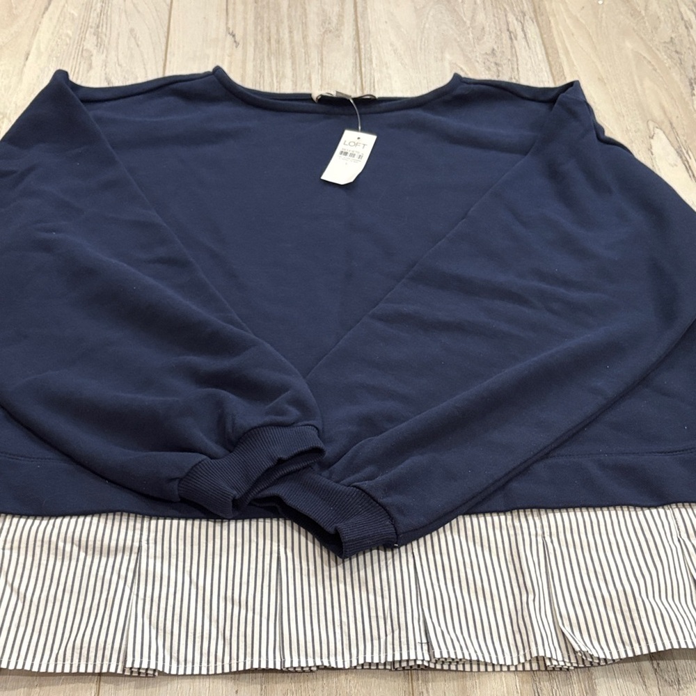 LOFT Navy Sweatshirt with Striped Hem